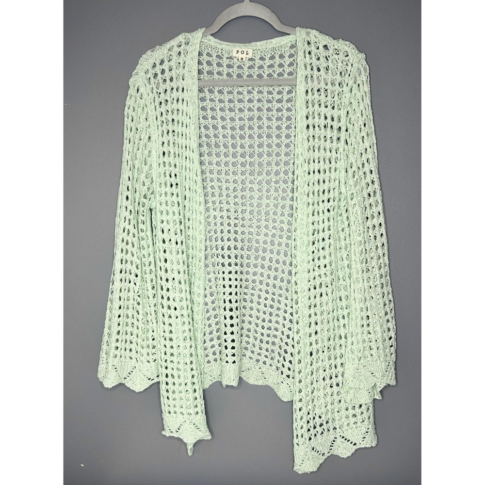 POL Cardigan S Mint Green Open Knit Crochet Lightweight Boho Bell Slv Festival